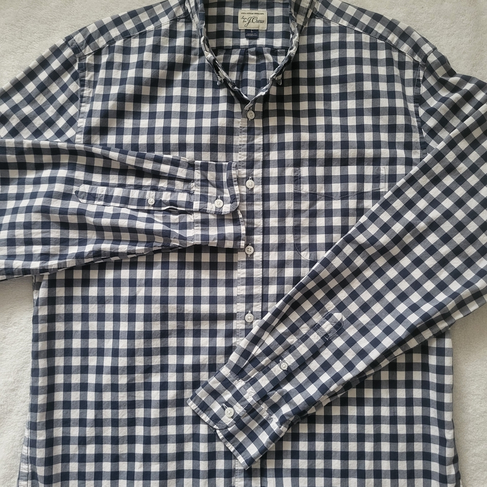 J. Crew Navy and White Checkered Button Down Shirt Classic Long Sleeve Size L